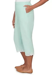 Petite Caribbean Blues Eyelet Embroidered Cuff Capri Pants