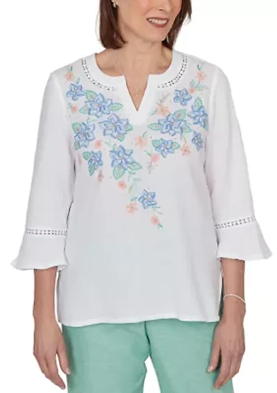 Petite Caribbean Blues Yoke Floral Embroidery Top