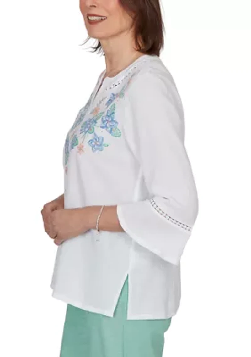 Petite Caribbean Blues Yoke Floral Embroidery Top