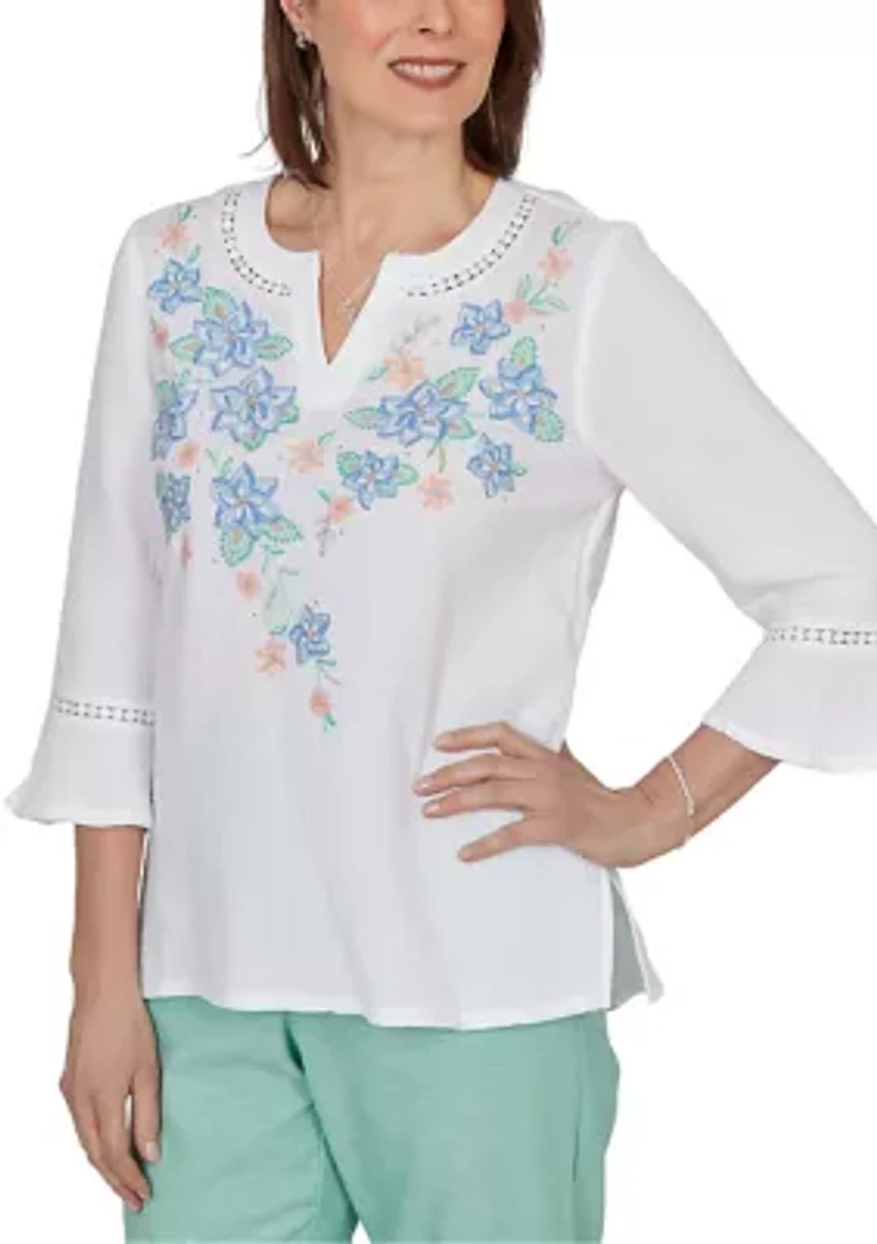 Petite Caribbean Blues Yoke Floral Embroidery Top