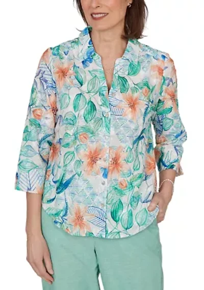 Petite Caribbean Blues Tropical Eyelet Top