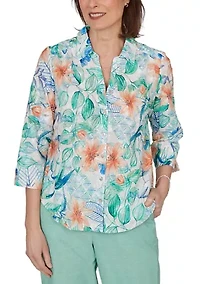 Petite Caribbean Blues Tropical Eyelet Top
