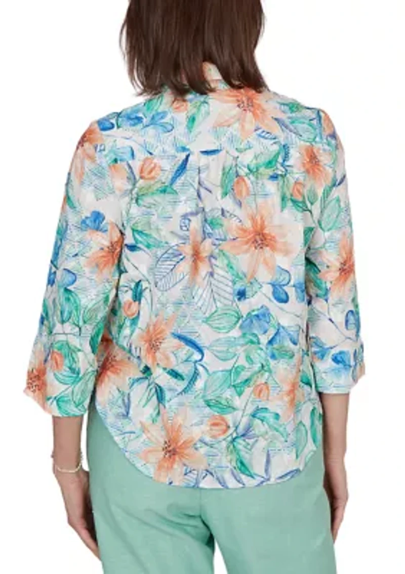 Petite Caribbean Blues Tropical Eyelet Top