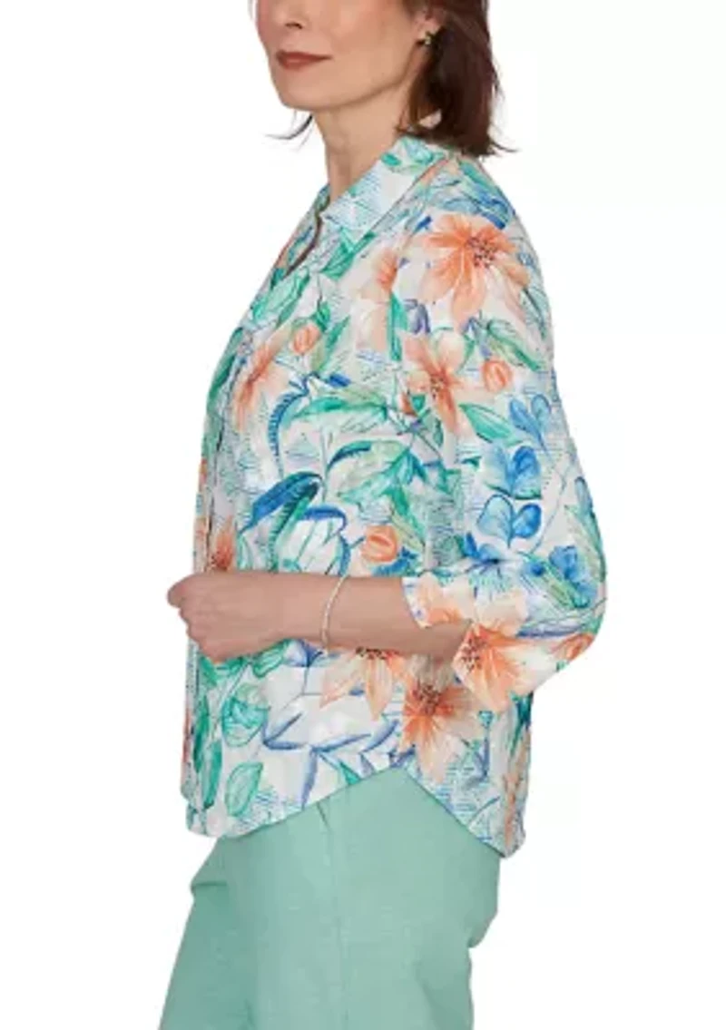 Petite Caribbean Blues Tropical Eyelet Top