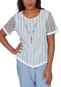 Petite Caribbean Blues Texture Stripe Fringe Top