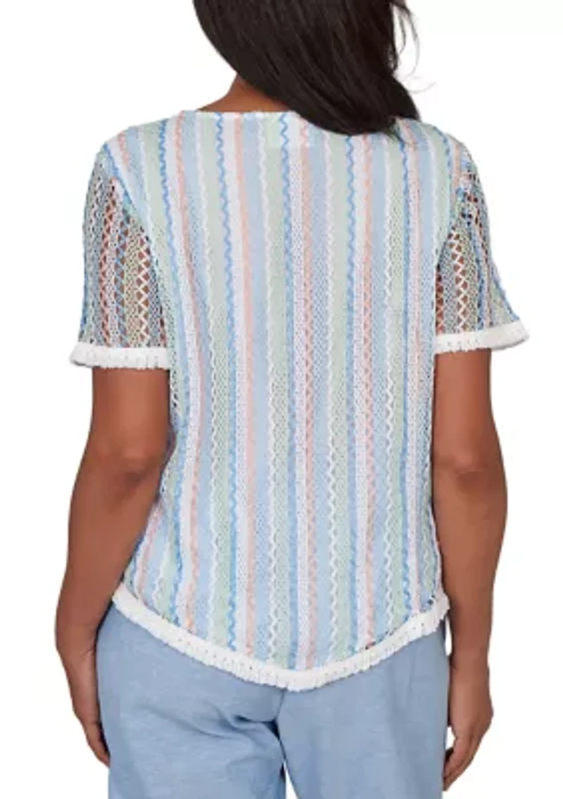 Petite Caribbean Blues Texture Stripe Fringe Top