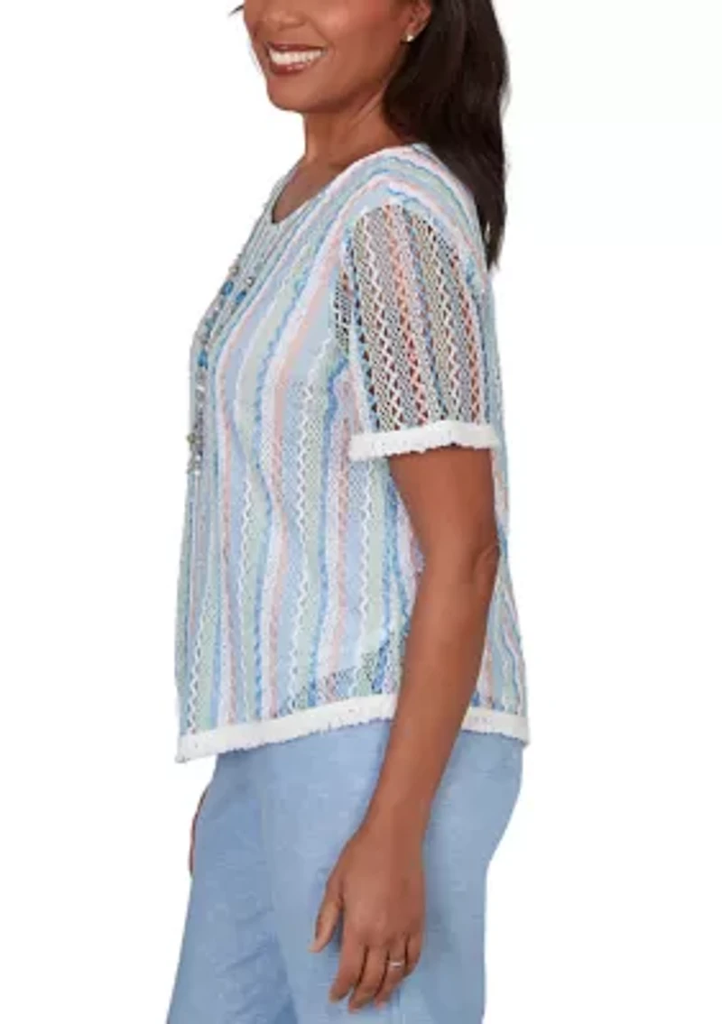 Petite Caribbean Blues Texture Stripe Fringe Top