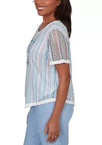 Petite Caribbean Blues Texture Stripe Fringe Top