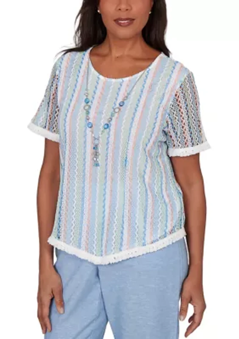 Petite Caribbean Blues Texture Stripe Fringe Top