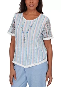 Petite Caribbean Blues Texture Stripe Fringe Top