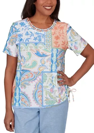 Petite Caribbean Blues Patchwork Scroll Eyelet Top