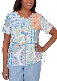 Petite Caribbean Blues Patchwork Scroll Eyelet Top