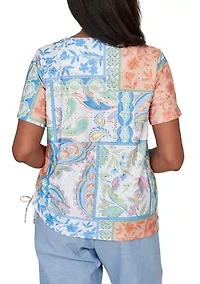 Petite Caribbean Blues Patchwork Scroll Eyelet Top