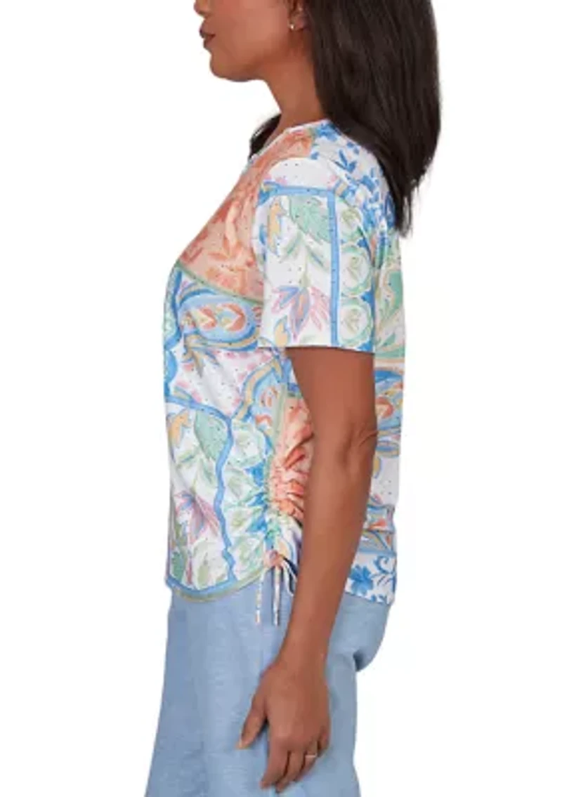 Petite Caribbean Blues Patchwork Scroll Eyelet Top