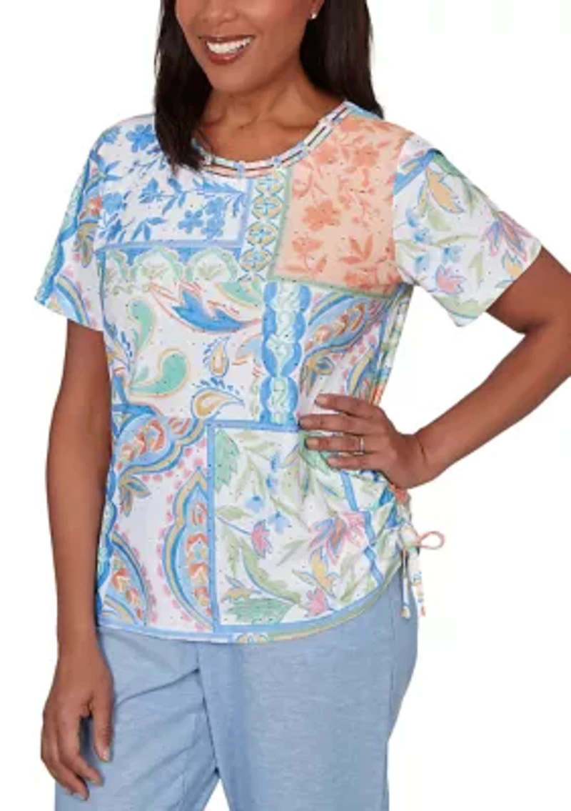 Petite Caribbean Blues Patchwork Scroll Eyelet Top