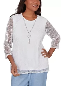 Petite Caribbean Blues Asymmetric Eyelet Flowers Top
