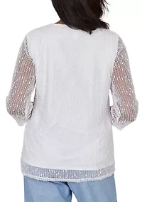 Petite Caribbean Blues Asymmetric Eyelet Flowers Top