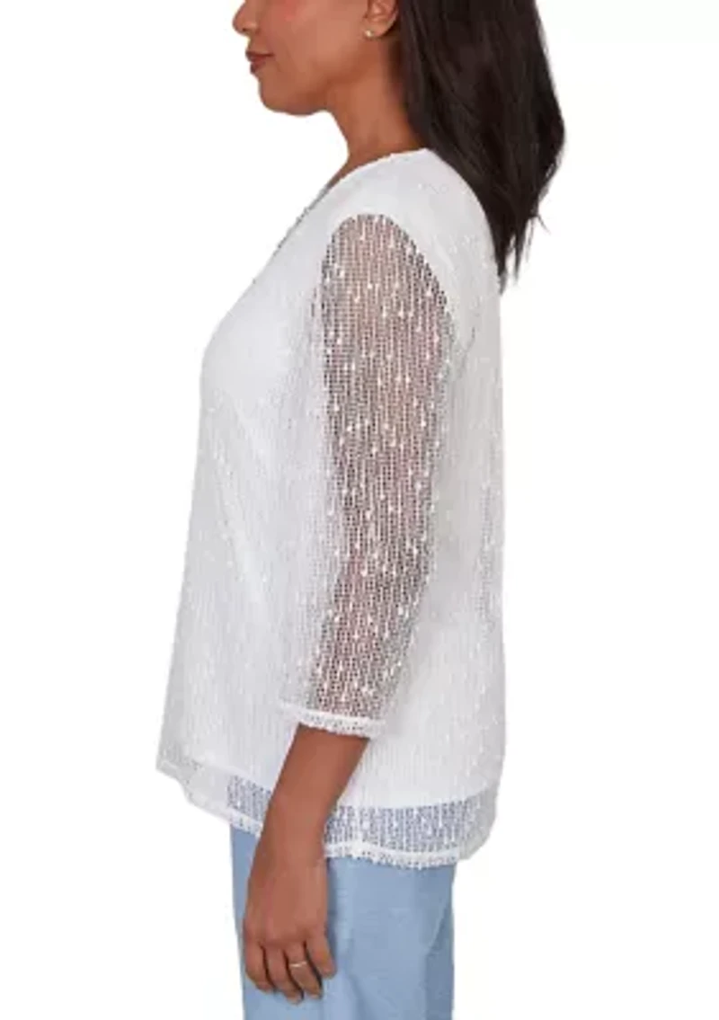 Petite Caribbean Blues Asymmetric Eyelet Flowers Top