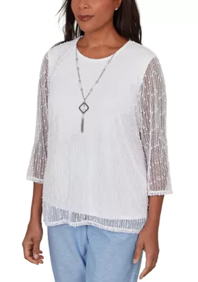 Petite Caribbean Blues Asymmetric Eyelet Flowers Top