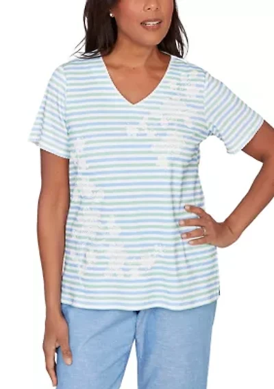 Petite Caribbean Blues Stripe with Flowers Top