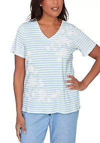 Petite Caribbean Blues Stripe with Flowers Top