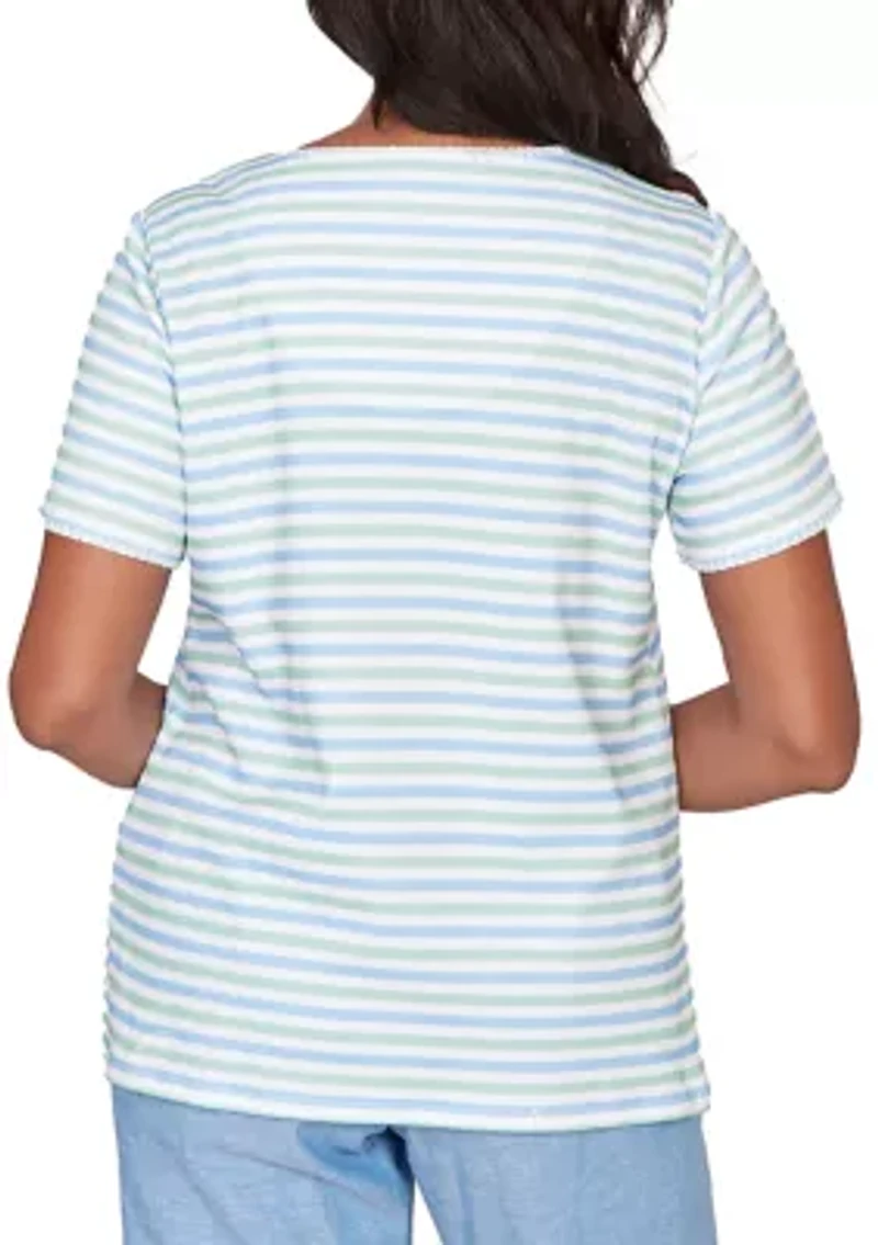 Petite Caribbean Blues Stripe with Flowers Top