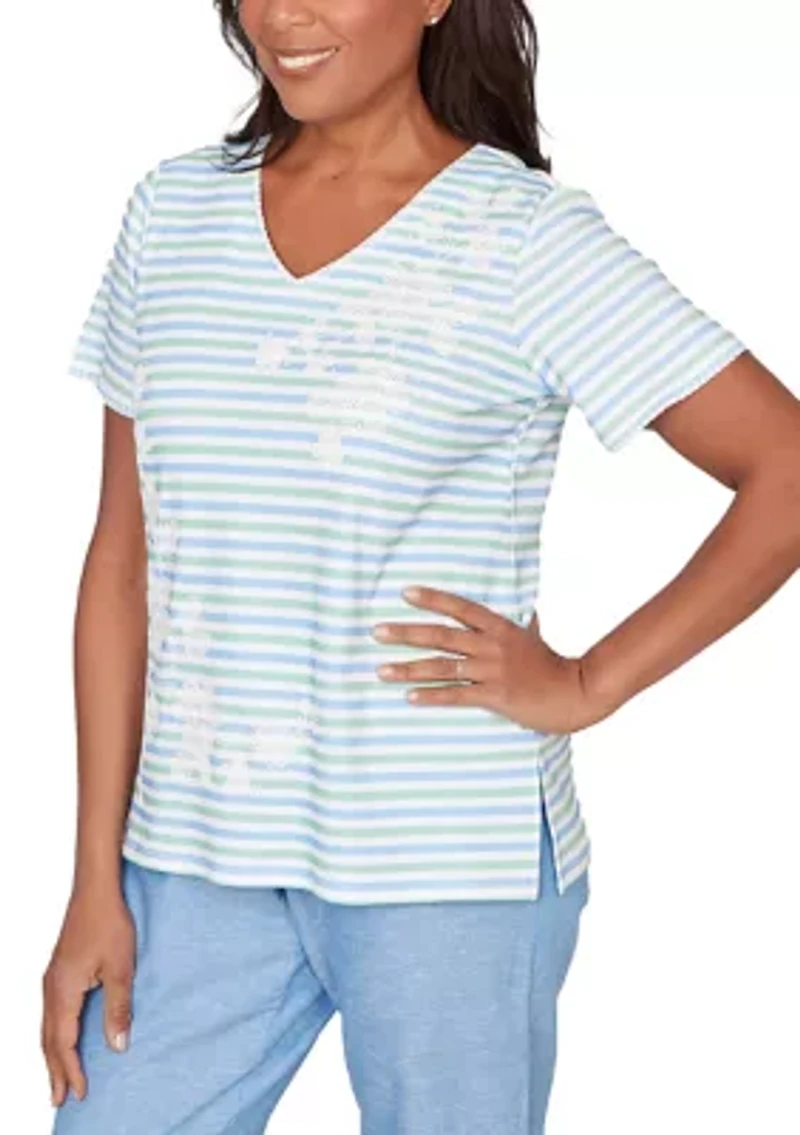 Petite Caribbean Blues Stripe with Flowers Top
