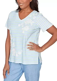 Petite Caribbean Blues Stripe with Flowers Top