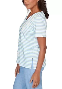 Petite Caribbean Blues Stripe with Flowers Top