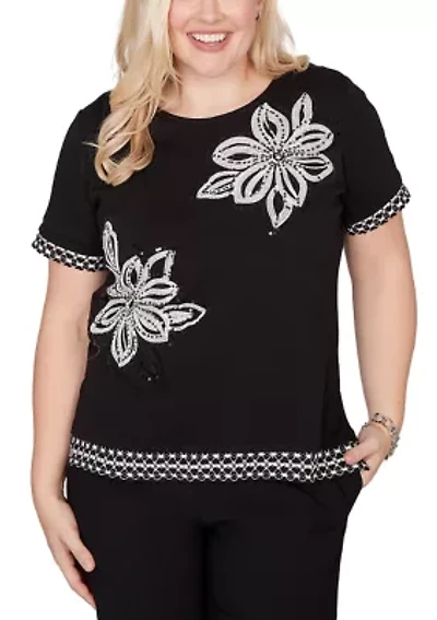 Women's Crowd Pleaser Sequin Flower T-Shirt with Lace Border