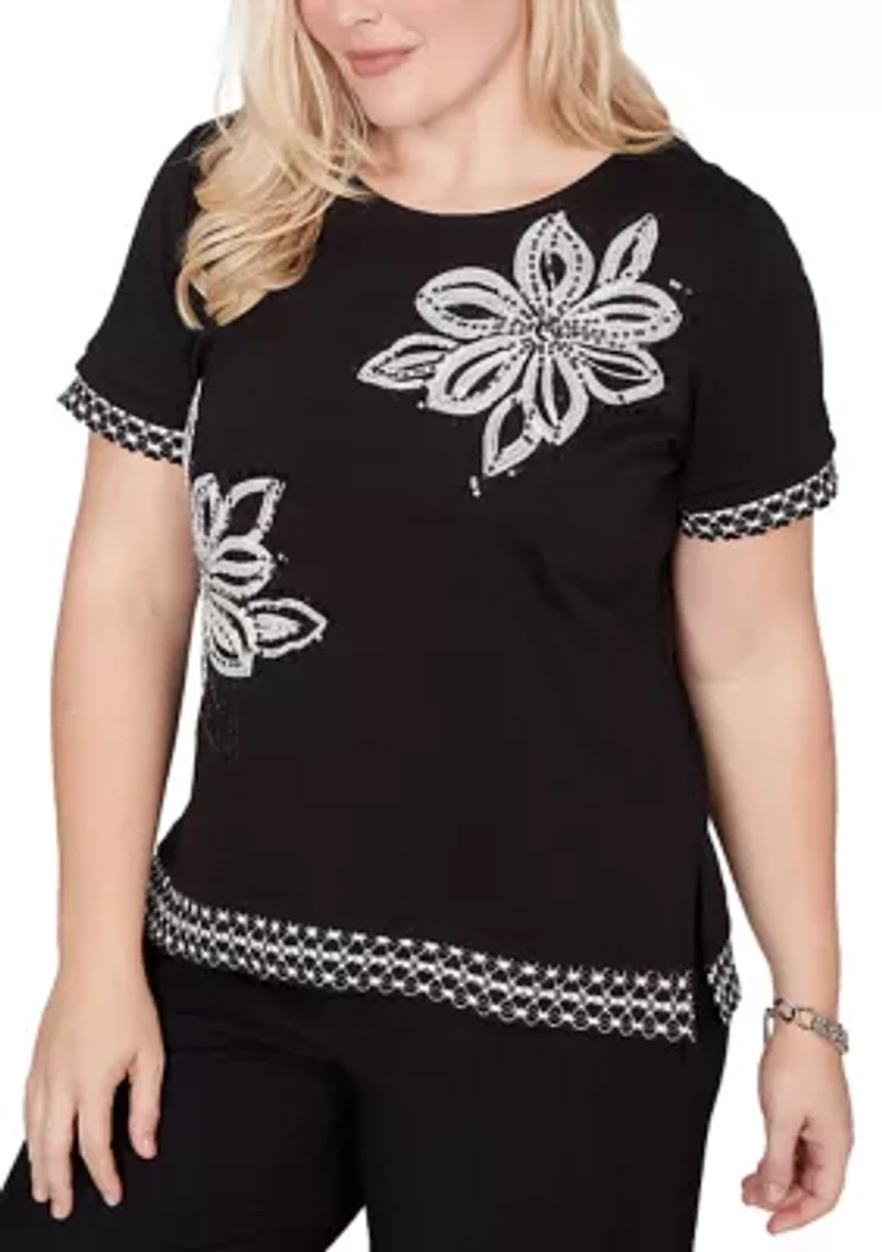 Women's Crowd Pleaser Sequin Flower T-Shirt with Lace Border