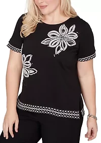 Women's Crowd Pleaser Sequin Flower T-Shirt with Lace Border