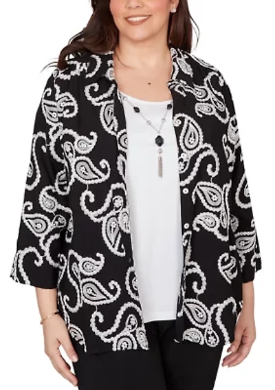 Plus Crowd Pleaser Paisley Embroidered Two-In-One Top