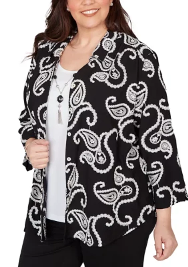 Plus Crowd Pleaser Paisley Embroidered Two-In-One Top