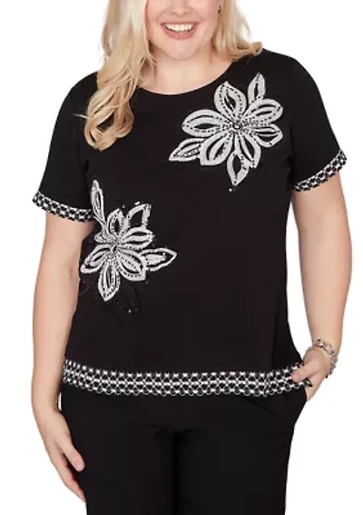 Petite Crowd Pleaser Sequin Flower Top with Lace Border