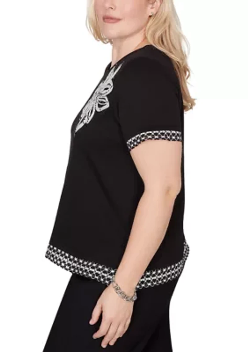 Petite Crowd Pleaser Sequin Flower Top with Lace Border