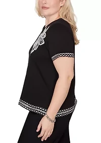 Petite Crowd Pleaser Sequin Flower Top with Lace Border