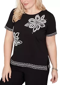 Petite Crowd Pleaser Sequin Flower Top with Lace Border