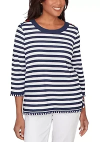 Women's Port Side Piqué Stripe Top with Button Detail