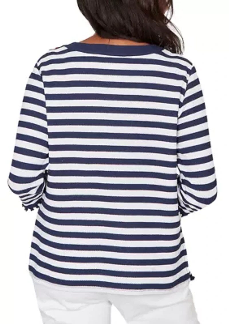 Women's Port Side Piqué Stripe Top with Button Detail
