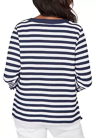 Women's Port Side Piqué Stripe Top with Button Detail