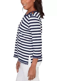 Women's Port Side Piqué Stripe Top with Button Detail