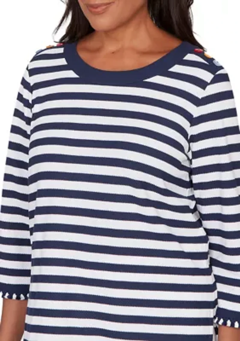 Women's Port Side Piqué Stripe Top with Button Detail