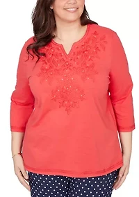 Plus Port Side Tonal Embroidered Yoke Top