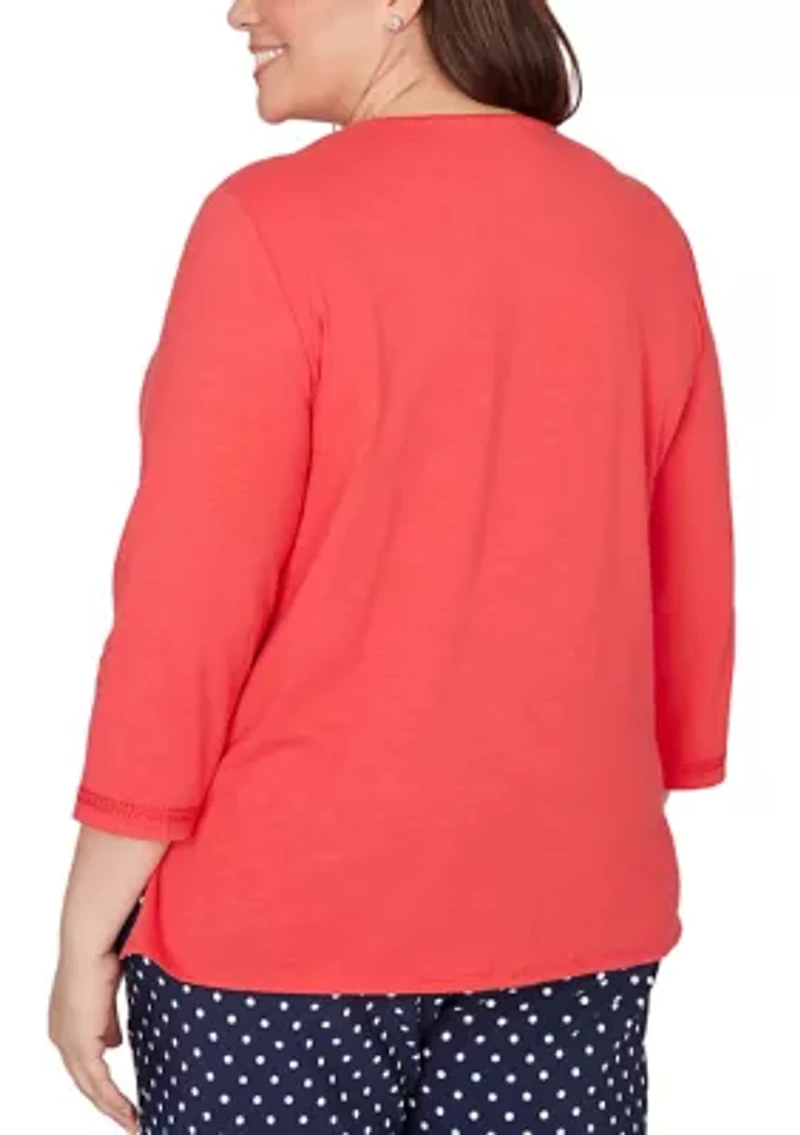 Plus Port Side Tonal Embroidered Yoke Top