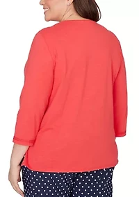 Plus Port Side Tonal Embroidered Yoke Top