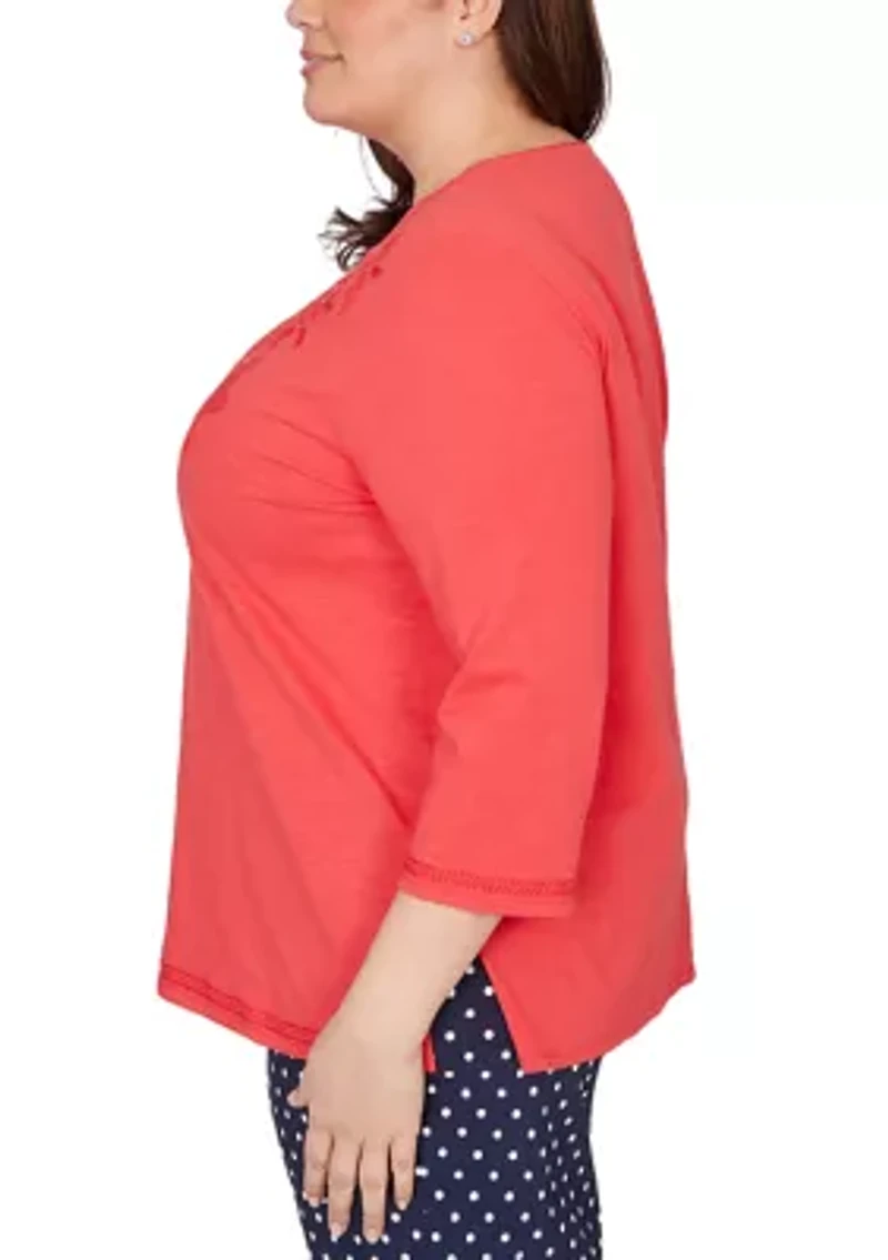 Plus Port Side Tonal Embroidered Yoke Top