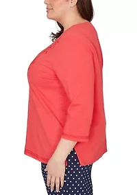 Plus Port Side Tonal Embroidered Yoke Top