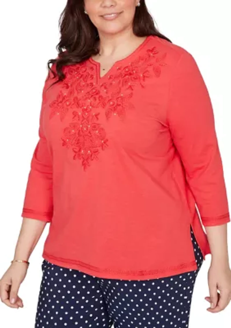 Plus Port Side Tonal Embroidered Yoke Top