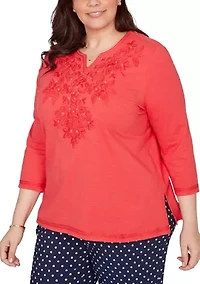 Plus Port Side Tonal Embroidered Yoke Top